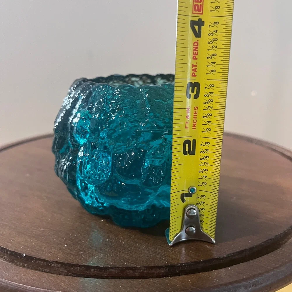 Vtg LE Smith Snowball Votive Teal Blue Textured Glass MCM Candle Holder 3
